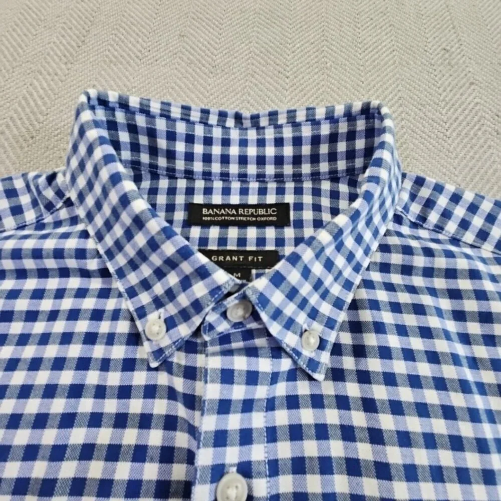 Banana Republic Grant Fit Shirt Men's‎ M Blue Check Stretch Oxford Button Up EUC